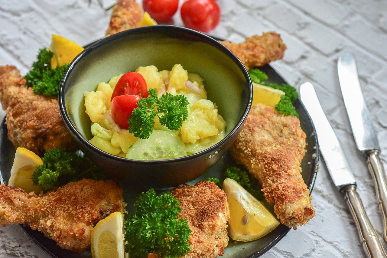 fried chicken, potato salad, chicken