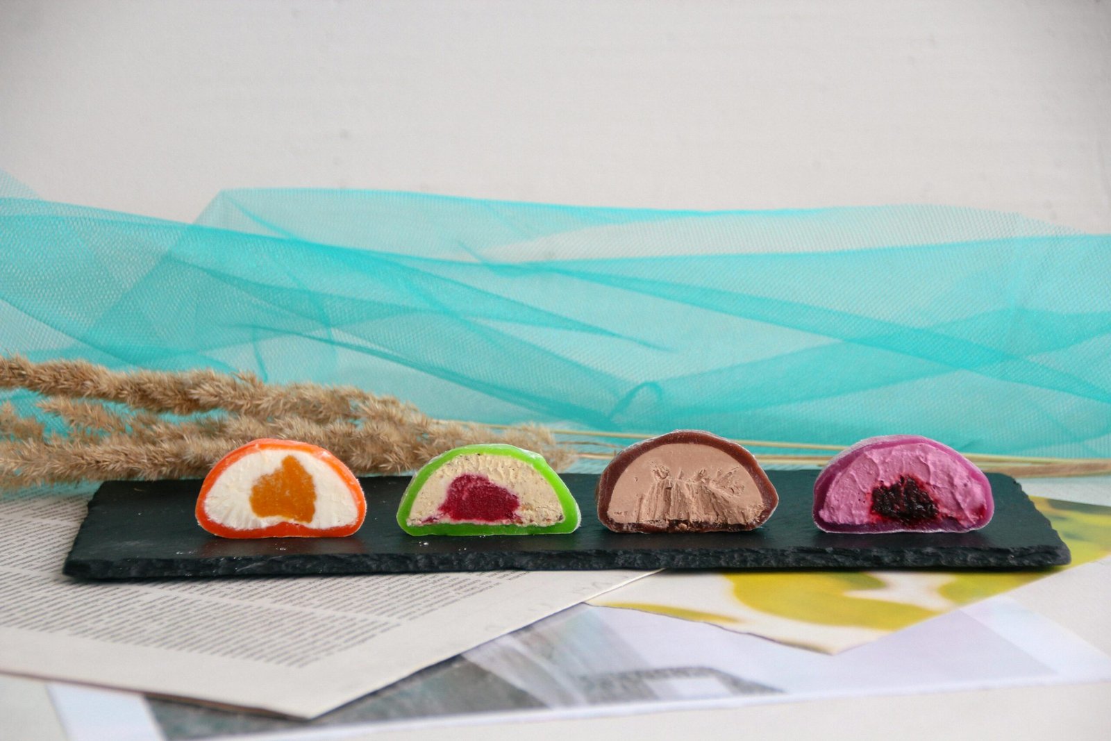 Mochi Cakes in Different Flavors Cut in Half