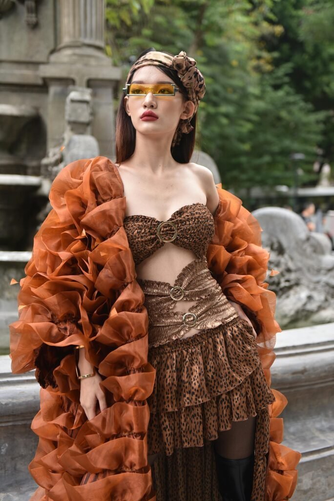 Woman Wearing Brown Dress on a Square